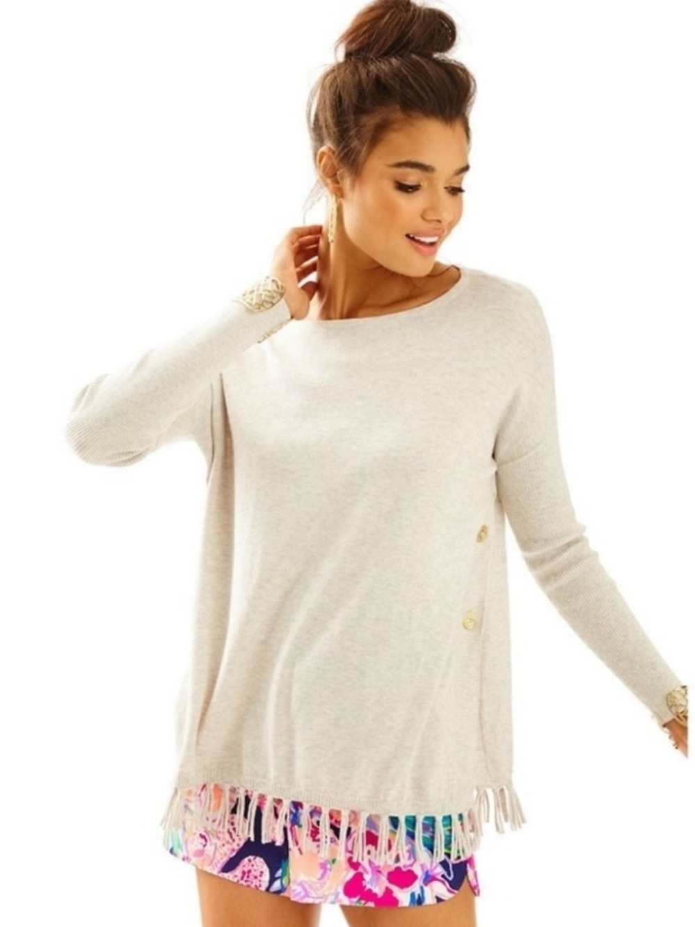 Lilly Pulitzer Ramona Resort White Tassel Fringe Hem Scoop Neck M Sweater